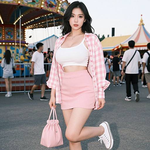 Asian woman with black hair in pink checkered jacket, white crop top, pink mini-skirt, white sneakers, holding pink purse at colorful carnival.