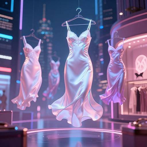 Neon-lit, futuristic store display featuring glowing, white satin dresses on hangers, floating against a cityscape backdrop of illuminated skyscrapers.