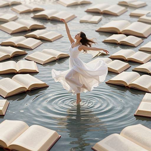 Photograph of a dancing woman in a flowing white dress, standing in water surrounded by floating open books, with ripples around her.