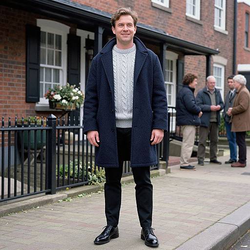 Photograph of a smiling man in a black coat, white patterned sweater, and black pants standing on a brick-lined street with three people in the