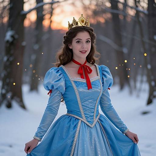 Photograph of a fair-skinned woman with brown hair, wearing a blue princess dress with puffed sleeves, red ribbon, gold crown, in a