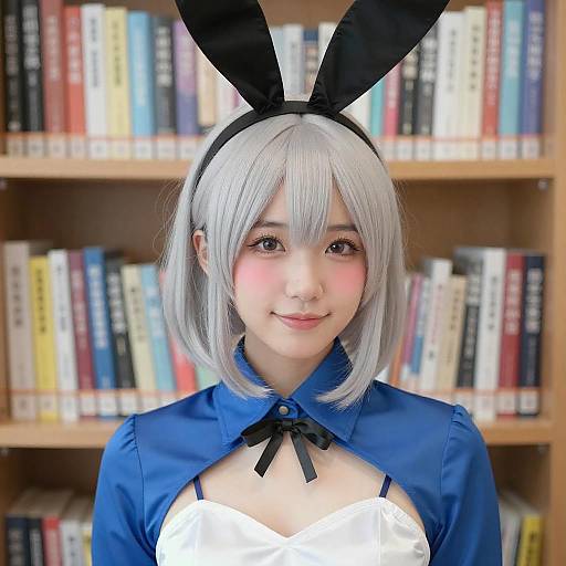 Asian Woman in Blue Anime Bunny Outfit