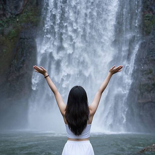 Photograph of a woman with black hair, arms raised, facing a powerful waterfall, wearing a white crop top and skirt, standing in front of mist
