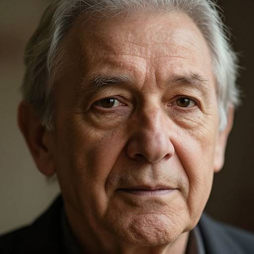 Close-up photograph of an elderly man with white hair, wrinkled skin, and a gentle smile, softly lit against a dark background.