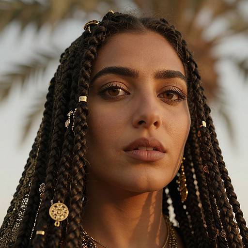Photograph of a young Black woman with dark braided hair, gold earrings, and serious expression, set against a blurred palm tree background.
