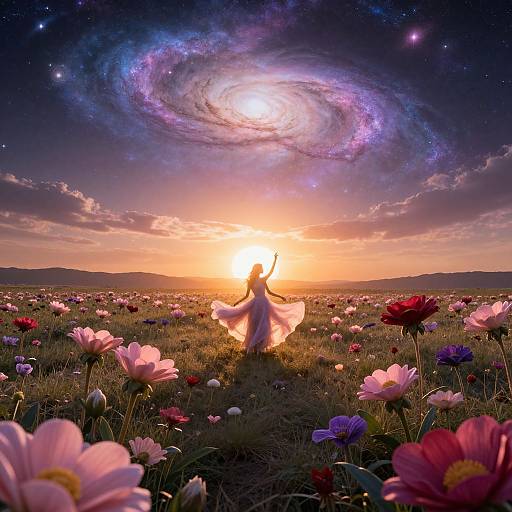 A woman in a flowing white dress silhouetted against a sunset, reaches up to a glowing, purple-hued spiral galaxy in a colorful me