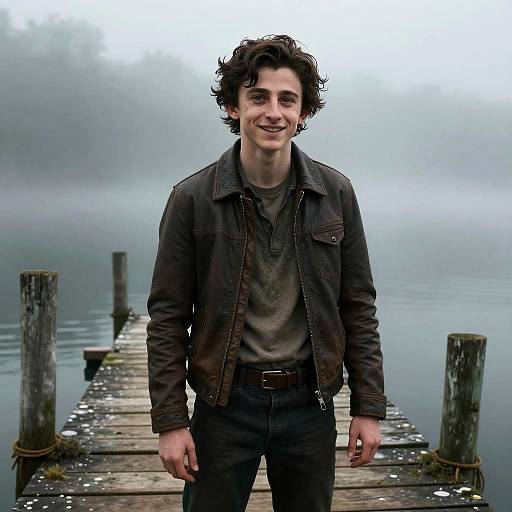 Young Man Smiling on Foggy River Dock