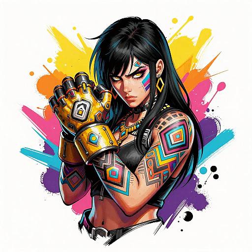 Digital artwork of a fierce, tattooed woman with long black hair, yellow gloves, and colorful geometric tattoos, set against a vibrant splatter background.