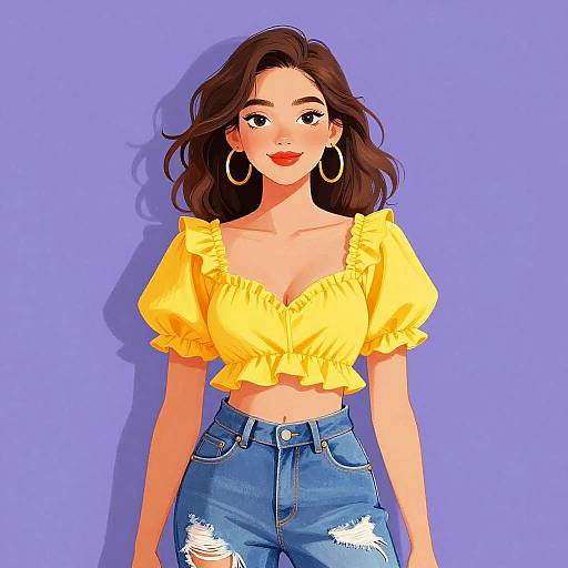 Colorful Cartoon Woman in Yellow Crop Top