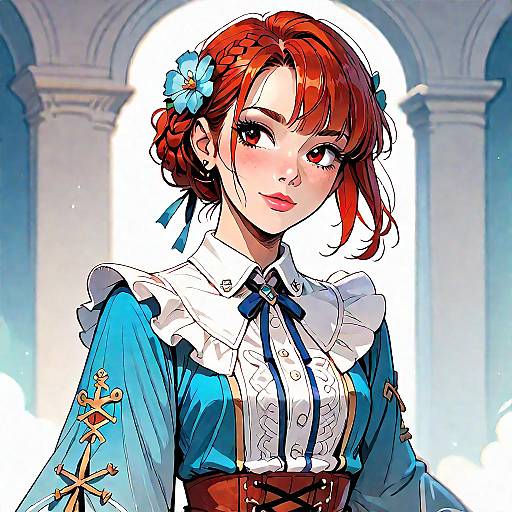 Digital anime-style drawing of a red-haired woman with blue flowers in her hair, wearing a blue dress with white frilled collar, in an arched