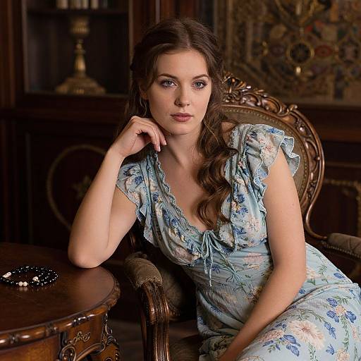 Photograph of a fair-skinned woman with long brown hair, wearing a light blue floral dress, sitting in an ornate wooden chair, with a