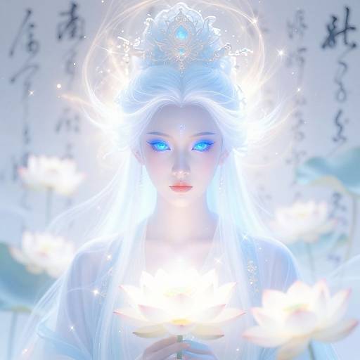 Photograph of a mystical, ethereal woman with glowing blue eyes, white hair, and a luminous, star-like crown, set against a softly