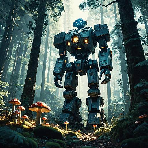 Ancient Stone Robot in Enchanted Forest