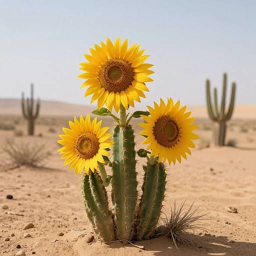 Photograph of three bright yellow sunflowers blooming on a green cactus in a sunny, arid desert landscape with blurred cacti in the