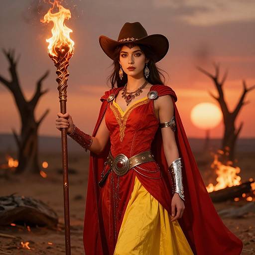 Digital artwork of a fiery-eyed, Asian woman in a red and yellow dress, cowboy hat, and silver armor, holding a flaming staff, against a