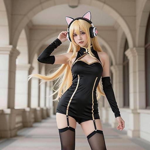 Cosplay Woman in Black Dress with Cat Ear Headphones