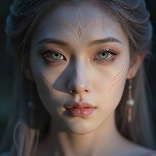 Close-up digital portrait of a young woman with light blue eyes, pale skin, and intricate tribal-like facial markings, wearing delicate earrings, against a dark