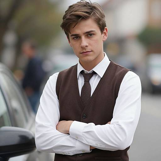 Photograph of a young man with short brown hair, wearing a white shirt, black tie, and brown vest, standing with arms crossed on a blurred