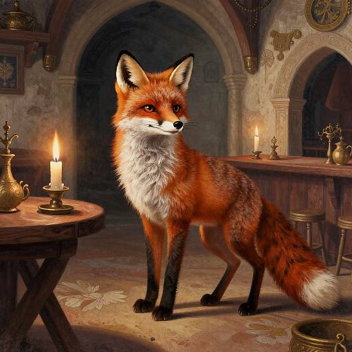 Digital painting of a red fox with vibrant fur standing in a dimly lit medieval stone tavern, surrounded by lit candles and wooden furniture.