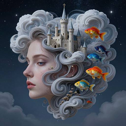 Digital artwork of a pale-skinned woman with flowing white hair, castle, and colorful goldfish, floating in a starry night sky.