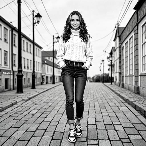 Smiling Woman Walking on Cobblestone Street
