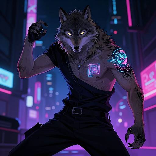 Digital artwork of a muscular, anthropomorphic wolf with glowing yellow eyes, neon tattoos, black outfit, and cyberpunk cityscape background.