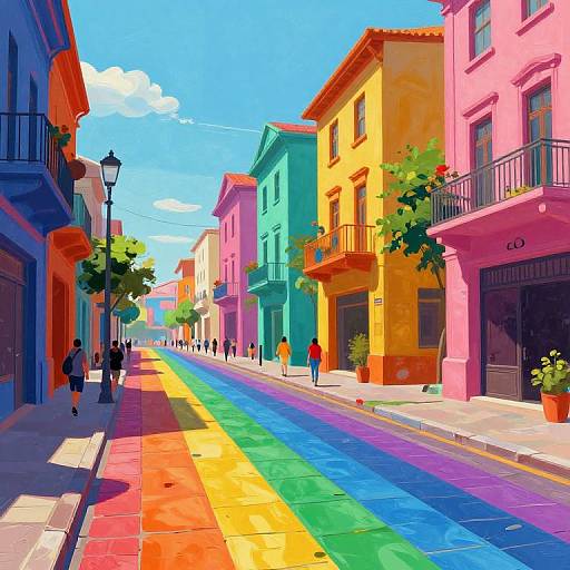 Bright, colorful street art depicting a rainbow-painted street in a vibrant, sunlit town with pastel buildings, people walking, and a clear blue