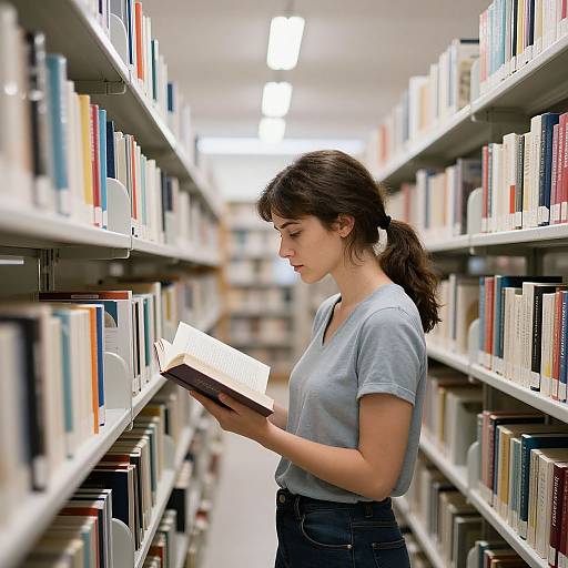 Photograph of a young woman with dark hair in a ponytail, wearing a light blue shirt and jeans, reading a book in a brightly lit,