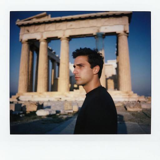 Photograph of a young man with short dark hair, wearing a black shirt, standing in front of ancient Greek Parthenon ruins under a clear blue