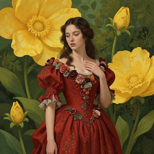 Digital painting of a fair-skinned woman with wavy brown hair in a red floral dress, surrounded by large yellow flowers.
