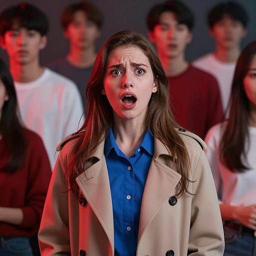 Shocked Woman in Dimly Lit Room