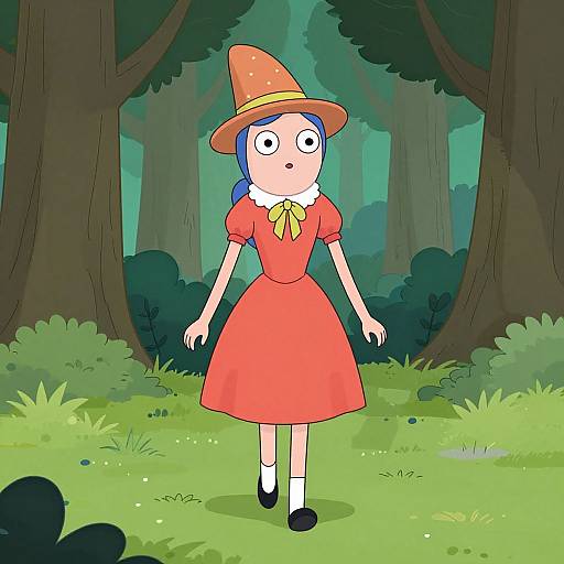 Cartoon-style drawing of a surprised blue-haired girl in a red dress and orange hat, standing in a forest with tall trees and green underbrush.