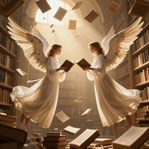Photograph-style digital art: Two angelic women with white wings and flowing gowns, floating in a sunlit library, reading books amidst floating papers