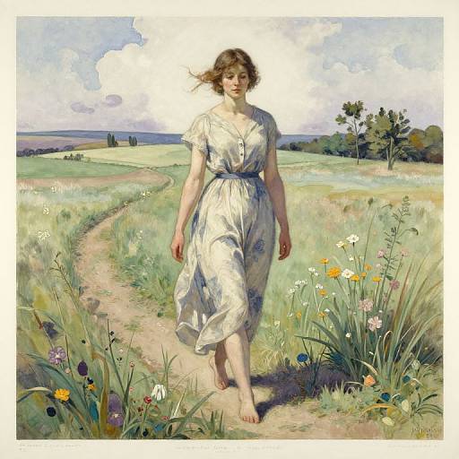 Painting of a fair-skinned woman with brown hair, wearing a white floral dress, walking barefoot on a grassy path through a colorful me