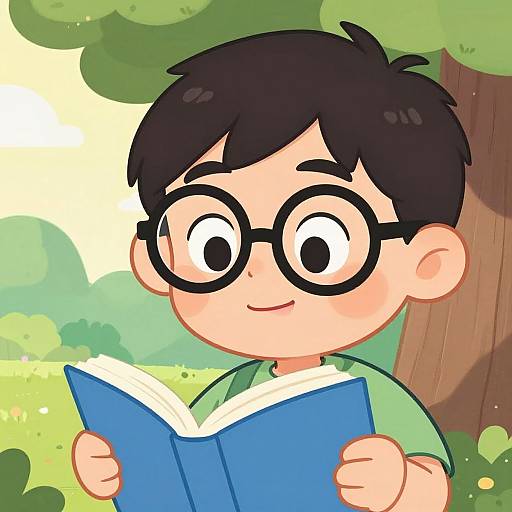 Cartoon boy with black hair, round glasses, and green shirt reads blue book in sunny, green forest background. Digital art style.