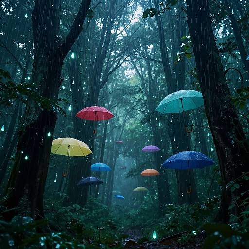 Photograph of a mystical forest with colorful umbrellas (red, yellow, blue, purple) floating in the rain, surrounded by tall trees and glowing