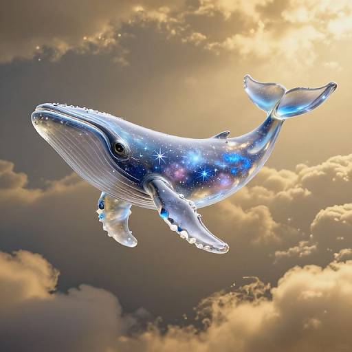 Photorealistic digital artwork of a glowing, starry whale with translucent blue and white hues, soaring through a golden sky with fluffy clouds.