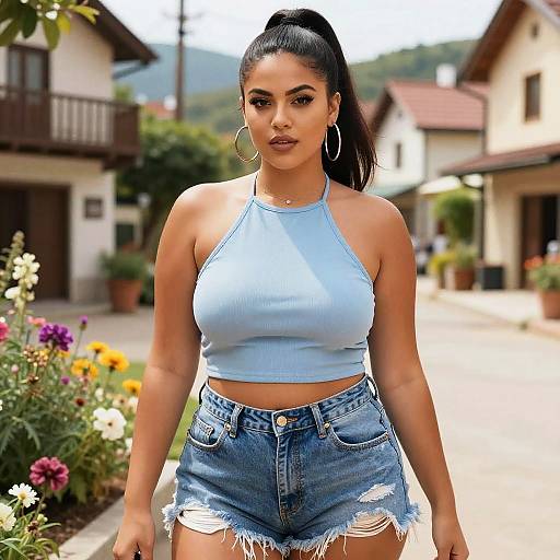 Photograph of a curvy Latina woman with dark hair in a high ponytail, wearing a light blue crop top and distressed denim shorts, standing in