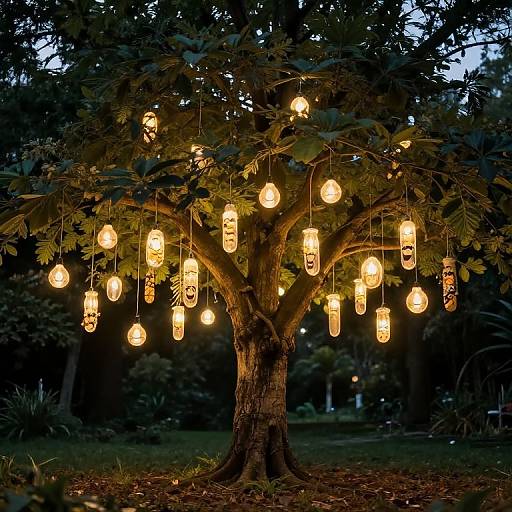 Photograph of a tree with numerous glowing Japanese paper lanterns hanging from its branches, illuminated against a dark, forested background.