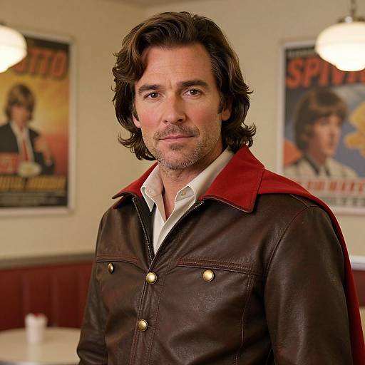 Photograph of a middle-aged man with wavy brown hair, wearing a brown leather jacket with a red collar, standing in a diner with vintage movie