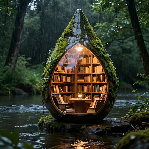 Photograph of a moss-covered, teardrop-shaped, wooden library hut with glowing interior lights, surrounded by a lush, rainy forest, floating on
