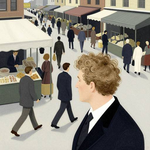Digital illustration of a busy outdoor market with diverse people in suits and coats, featuring a curly-haired man in the foreground. Stalls with food and goods