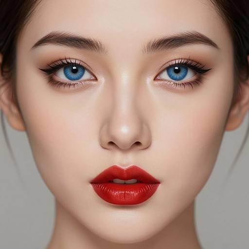 Close-up digital portrait of a fair-skinned woman with striking blue eyes, full red lips, and dark eyebrows against a gray background.