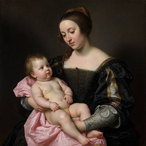 Baroque-style painting of a fair-skinned woman with brown hair, wearing black velvet with gold accents, holding a nude, chubby baby with a pink