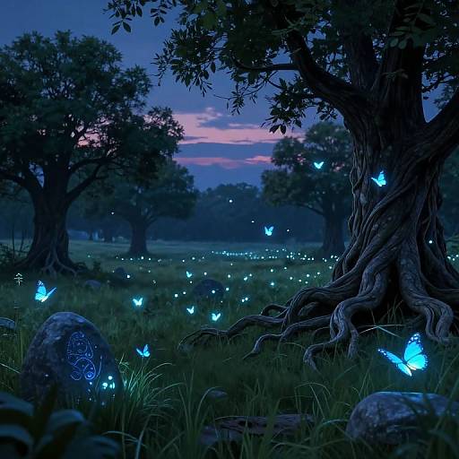 Photograph-style digital artwork of a twilight forest with glowing blue fireflies, luminescent blue butterflies, and intricate stone runes on mossy ground,