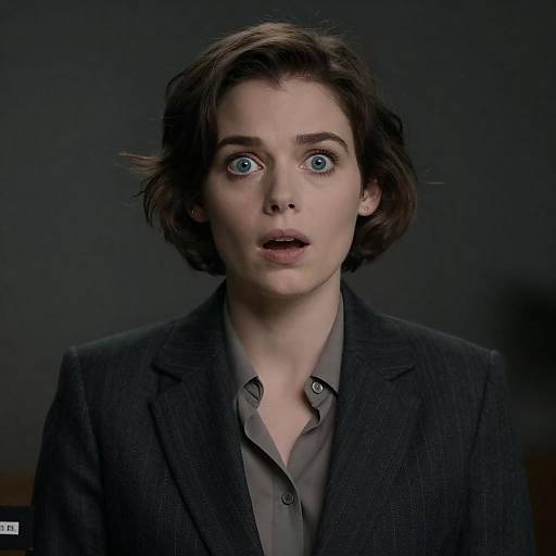 Surprised Woman in Dark Pinstripe Blazer