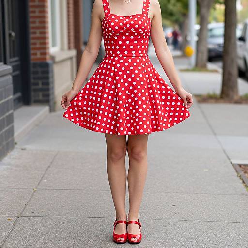 Photograph of a woman in a red polka dot dress, red Mary Janes, standing on a sidewalk, flaring her skirt, with blurred