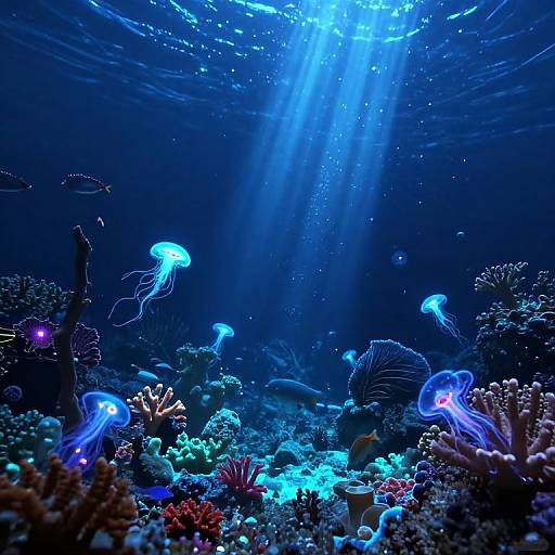 Photograph of a vibrant underwater scene with glowing blue jellyfish, colorful coral, and sunlight beams illuminating the ocean depths.