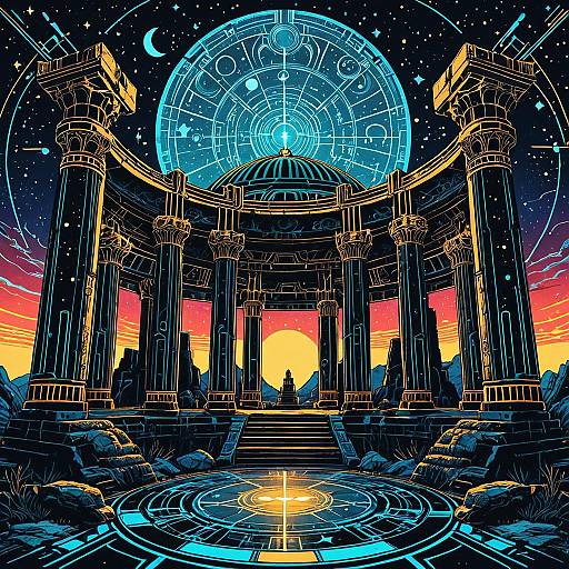 Ancient Moonlit Temple with Constellation Motifs