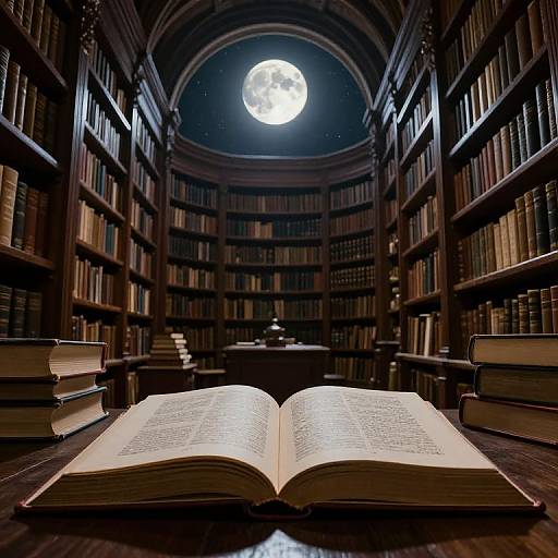 Photograph of an open book in a dimly lit, circular library with tall, filled shelves, moonlight streaming through a dome.